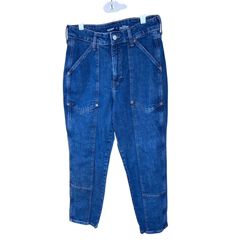 Old Navy OG Straight High Rise Carpenter Utility Jeans Dark Wash Blue Womens 8